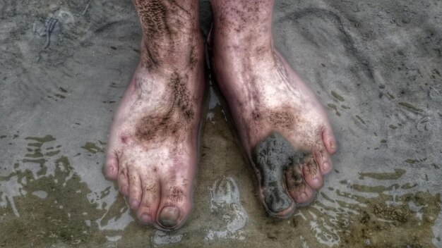 Sección baja de una persona de pie en la playa