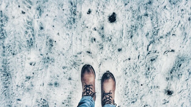 Sección baja de una persona en zapato de pie en un campo cubierto de nieve