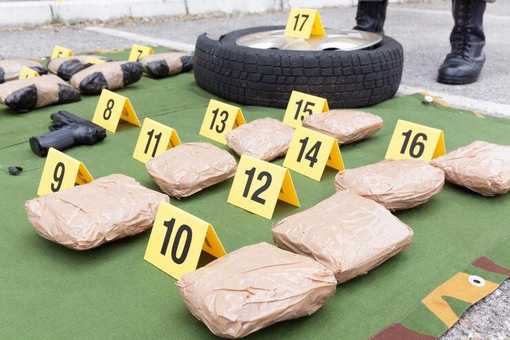 Foto sección baja de policías de pie junto a paquetes de drogas y números en la calle