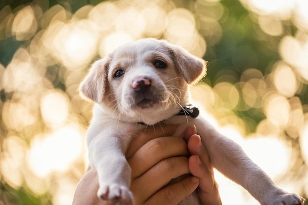 Sección inferior de la persona que sostiene al cachorro