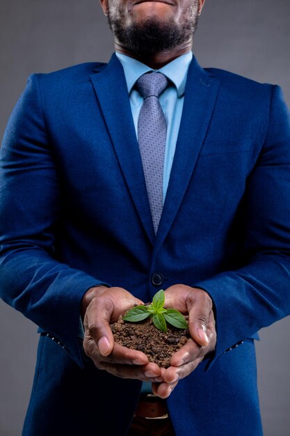 Foto sección intermedia del empresario afroamericano sosteniendo una plántula contra un fondo gris