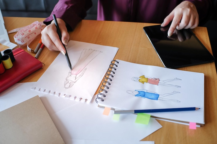 Foto sección media del diseñador de moda haciendo bocetos en el escritorio