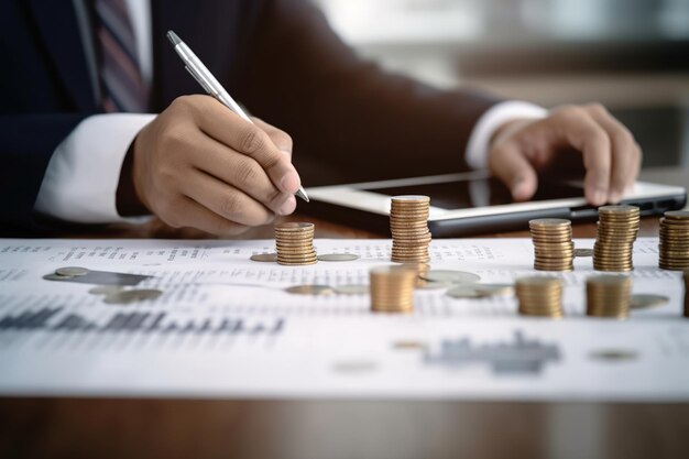 Sección media de un hombre de negocios calculando una factura con monedas apiladas dispuestas en el escritorio de la oficina