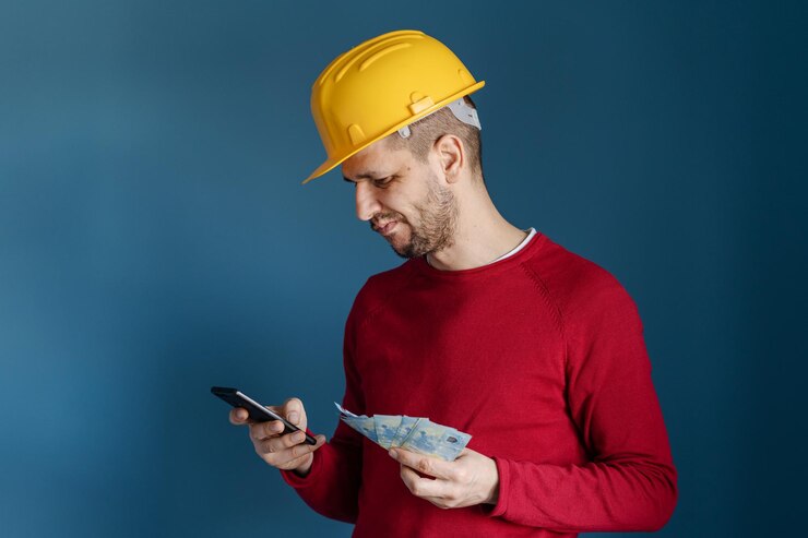 Foto sección media de un hombre sosteniendo un teléfono inteligente mientras está de pie contra el cielo azul