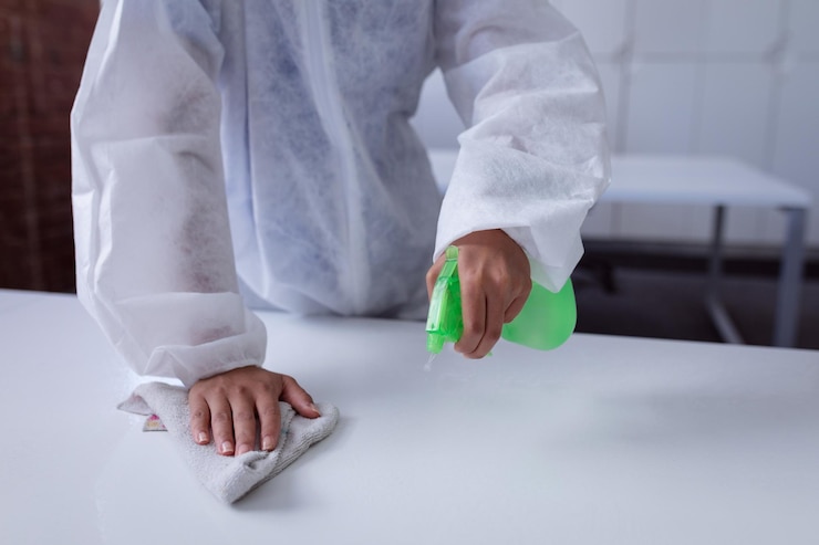 Foto sección media de un limpiador con traje de ppe desinfectando el espacio de trabajo de la oficina, limpiando escritorios. higiene en los negocios en una oficina moderna durante la pandemia del coronavirus covid 19.