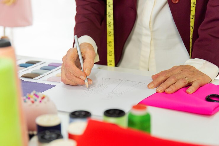 Foto sección media de una mujer dibujando un boceto en papel en el estudio