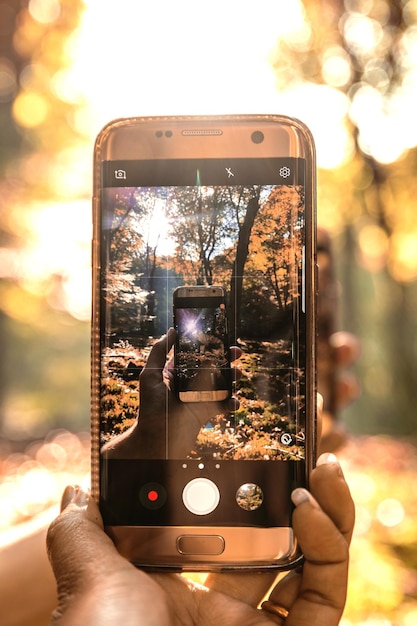 Foto sección media de una mujer fotografiando con teléfono móvil