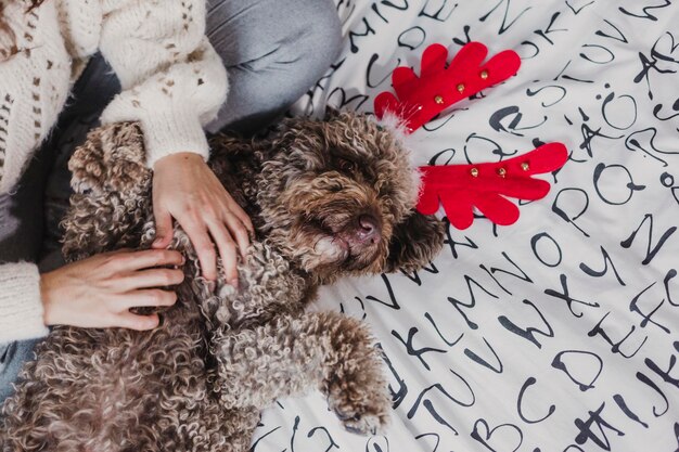 Foto sección media de una mujer con un perro sentado en la cama