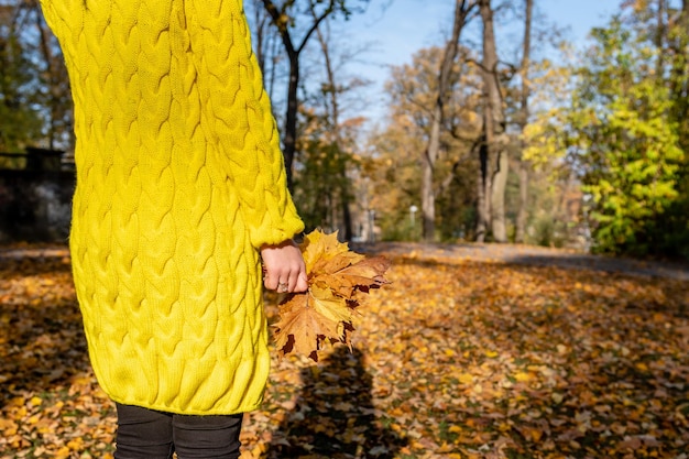 Foto sección media de una mujer sosteniendo hojas secas durante el otoño