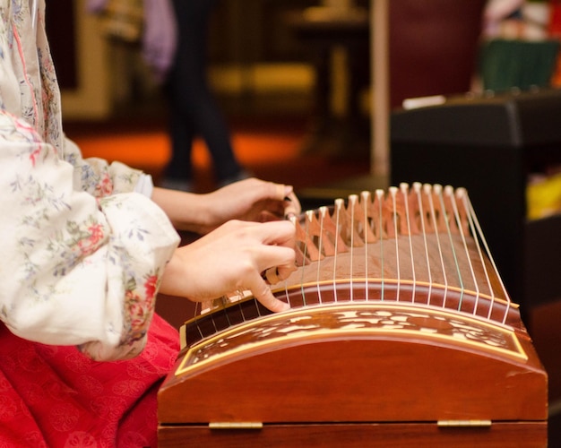 Sección media de una mujer tocando un instrumento musical