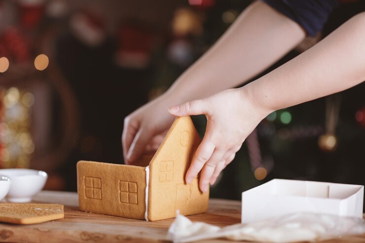 Foto sección media de una persona haciendo una casa de pan de jengibre
