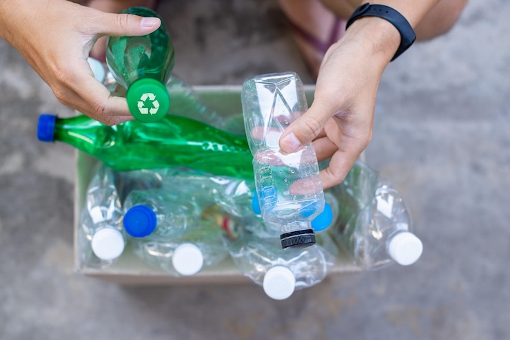 Foto sección media de la persona que sostiene la botella contra el agua