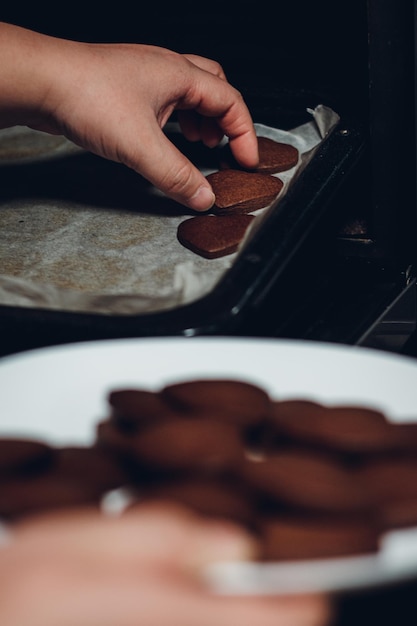 Foto sección media de una persona que tiene galleta del horno de microondas de convención en la cocina