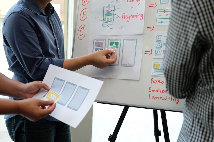 Foto sección media de profesionales del diseño trabajando en la pizarra