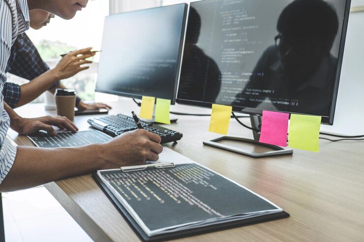 Foto sección media de programador de computadoras que utiliza una computadora de escritorio en la oficina