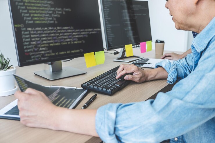 Foto sección media del programador informático que utiliza la computadora en la oficina