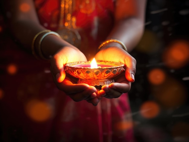 Foto sección media sosteniendo diya durante diwali