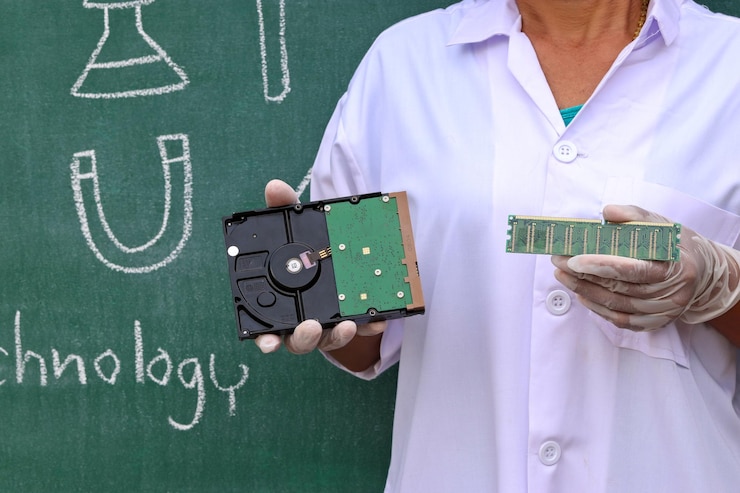 Foto sección media de un técnico sosteniendo piezas de computadora mientras está de pie contra la tabla verde