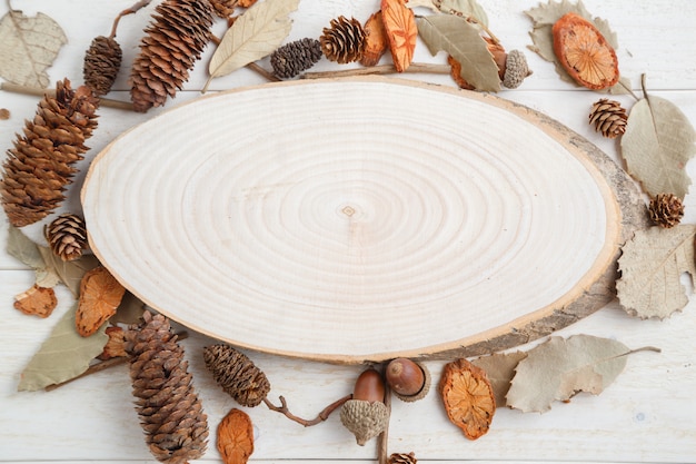 Sección transversal de un árbol en una mesa de madera en estilo de otoño. vista superior