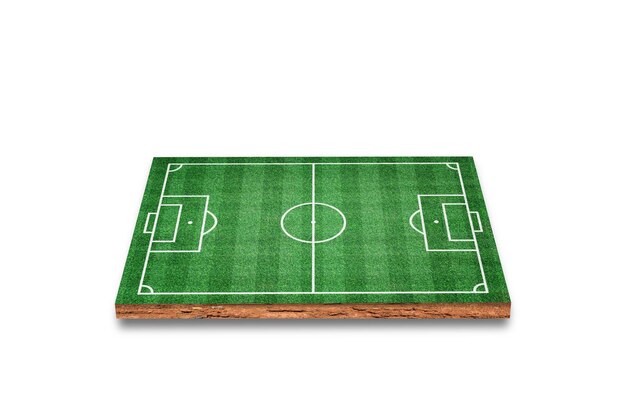 Foto sección transversal cúbica del suelo con hierba verde del campo de fútbol aislada sobre fondo blanco renderización 3d