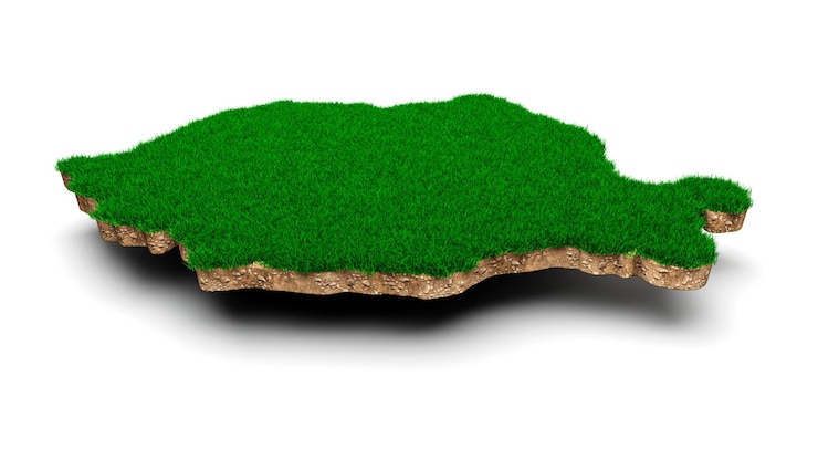 Foto sección transversal de la geología del suelo de rumania con hierba verde e ilustración 3d de la textura del suelo rocoso