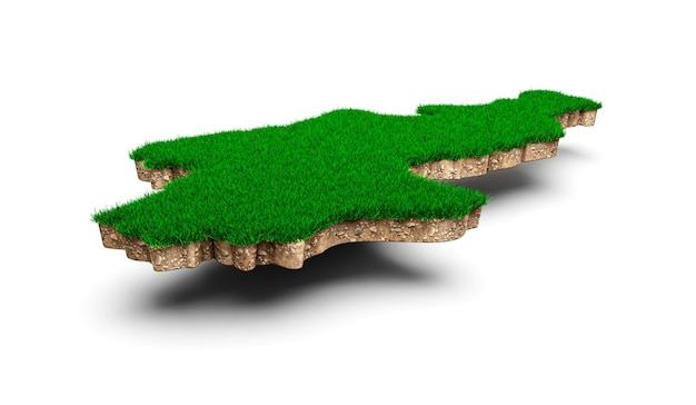 Sección transversal de geología de la tierra del mapa de Corea del Norte con hierba verde y textura de suelo de roca 3d