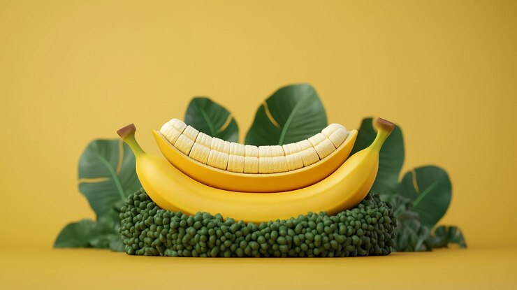 Foto sección transversal de un plátano con símbolos de vitaminas incrustados y vegetación exuberante en 3d