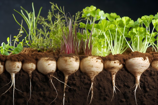 Sección transversal del suelo de una fila de verduras de raíz en crecimiento