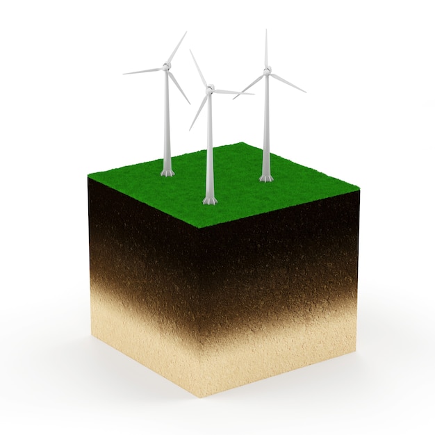 Sección transversal de tierra con aerogeneradores modernos aislado sobre fondo blanco.