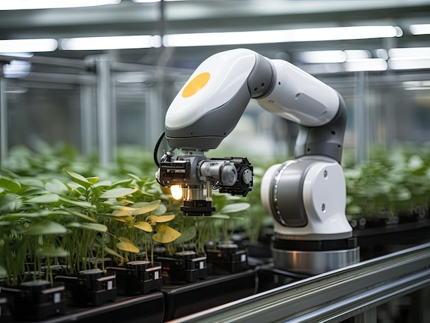 Foto sechs-achsen-roboterarm-überwachung von pflanzen im landwirtschaftlichen sektor mit moderner technologie