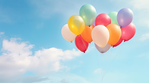 Sechs bunte Luftballons schweben am Himmel mit freiem Platz für Text