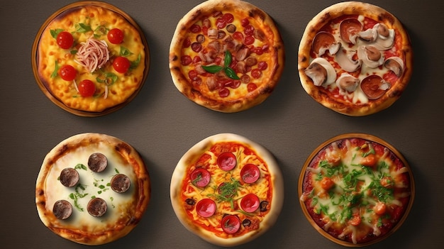 Sechs köstliche Pizzen auf Backformen