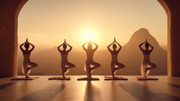 Sechs Personen praktizieren Yoga 8k UHD Generative Ai