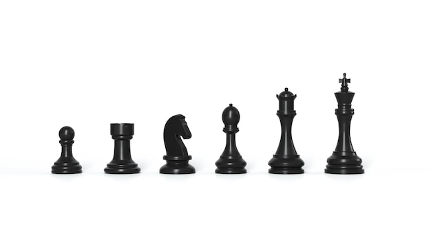 Sechs verschiedene schwarze Schachfiguren stehen in einer Warteschlange auf weißem Hintergrund. Spiele und Freizeit