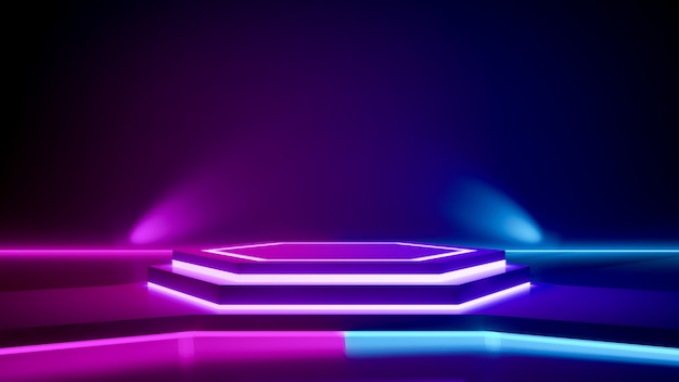 Sechseckige Bühne und lila Neonlicht