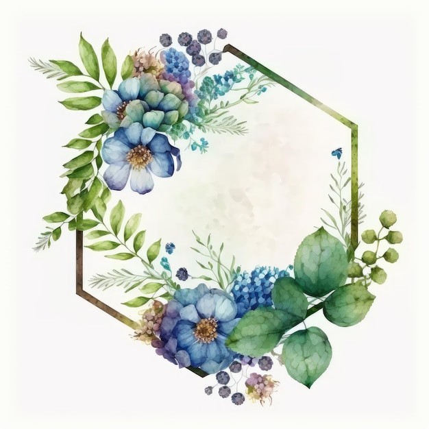 Sechseckiger Rahmen aus blauer Blume und grünen Blättern mit Aquarellmalerei