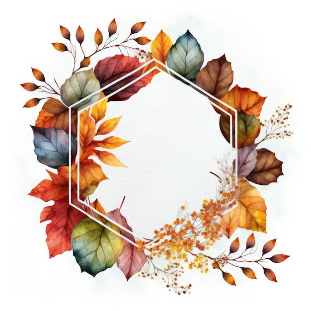 Sechseckiger Rahmen mit Herbstblättern, Aquarell isoliert auf weißem Hintergrund gemalt. Thema des Vintage-Minimal-Art-Designs in geometrischer Feinste generative KI