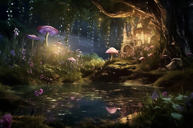 Secret Fairy Dell Pond con luciérnagas centelleantes y Toadstoo Belleza Marco de fotos Escena social