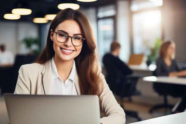 secretaria de belleza sonriendo trabajando en una computadora portátil en la oficina en el fondo