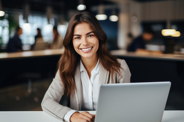 secretaria de belleza sonriendo trabajando en una computadora portátil en la oficina en el fondo