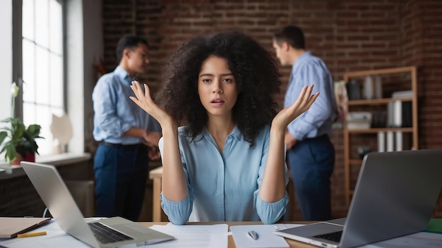 Foto secretaria millennial acosada en el lugar de trabajo por su jefe o colega