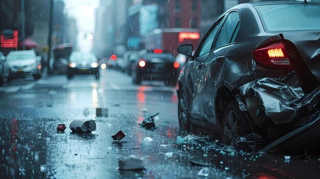Las secuelas de un accidente automovilístico durante una noche lluviosa en el entorno urbano destacan la necesidad de seguridad y precaución vial