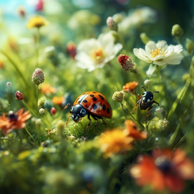 Secuencia de cerca de hierba verde rodeada de flores y abejas