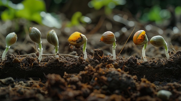 Foto una secuencia que muestra una semilla enterrada en el suelo germinando y creciendo en una planta sana encarnando el potencial dentro de los comienzos