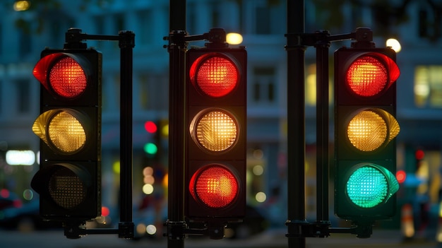 Una secuencia de semáforos que muestra los tres colores rojo, amarillo y verde que simbolizan las reglas de la carretera