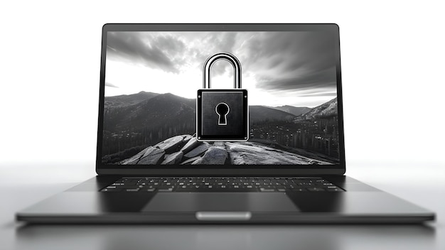 Secure Computing Padlock Over Mountain Tapet auf Laptop Konzept sichere Computing Datenverschlüsselung Cybersicherheitstipps Technologie Trends