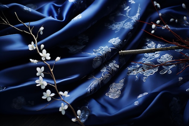 una seda azul cubierta con una flor en el lado izquierdo
