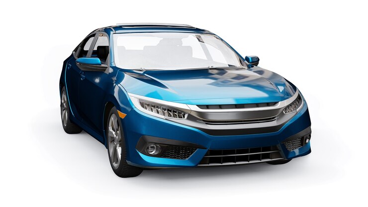 Foto sedan familiar urbano de tamanho médio azul sobre um fundo branco e uniforme. renderização 3d.