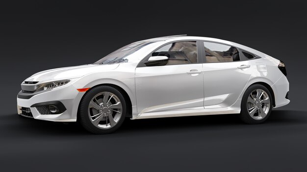 Sedan familiar urbano de tamanho médio branco sobre um fundo uniforme preto. Renderização 3D.