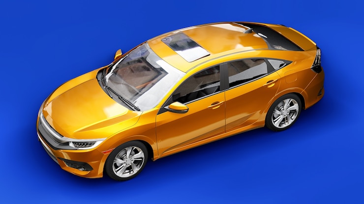 Foto sedán familiar urbano de tamaño medio amarillo sobre un fondo azul uniforme. representación 3d.